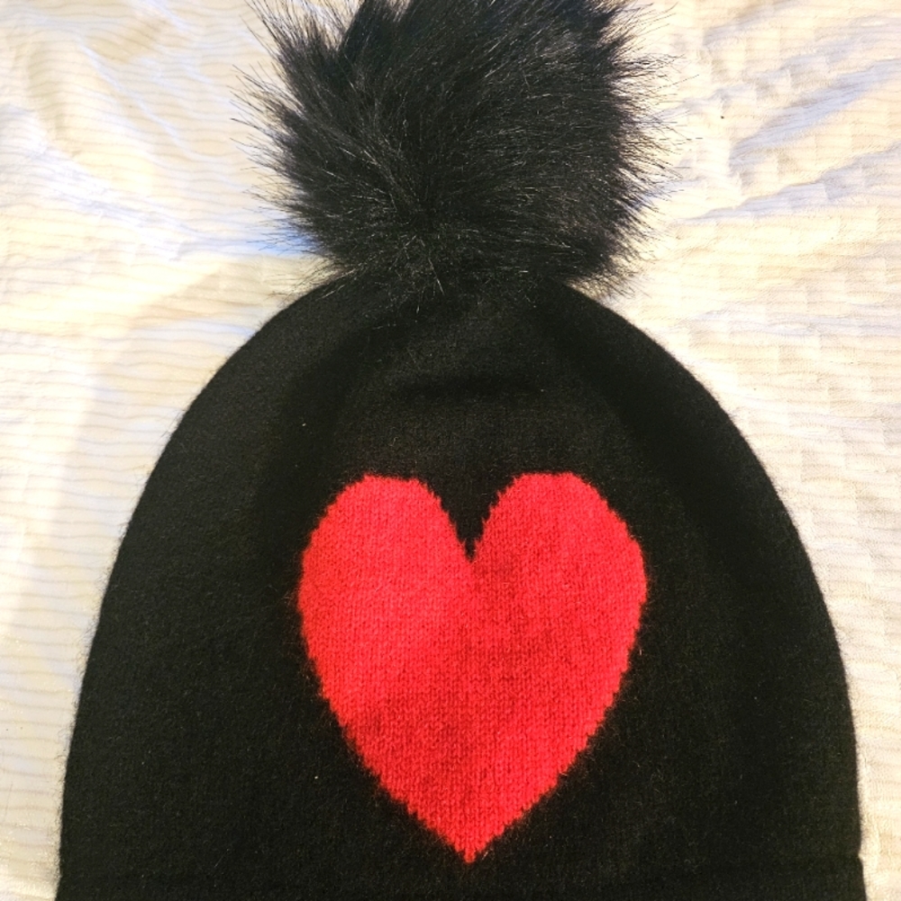 Cashmere Valentines Hat by Hannah Rose for Nordstrom Black with Red heart.